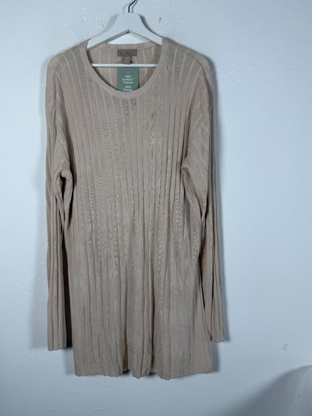 H&M Women's XXL Beige Ribbed Knit Sweater Tunic Top Side Slit Long Sleeve NWD